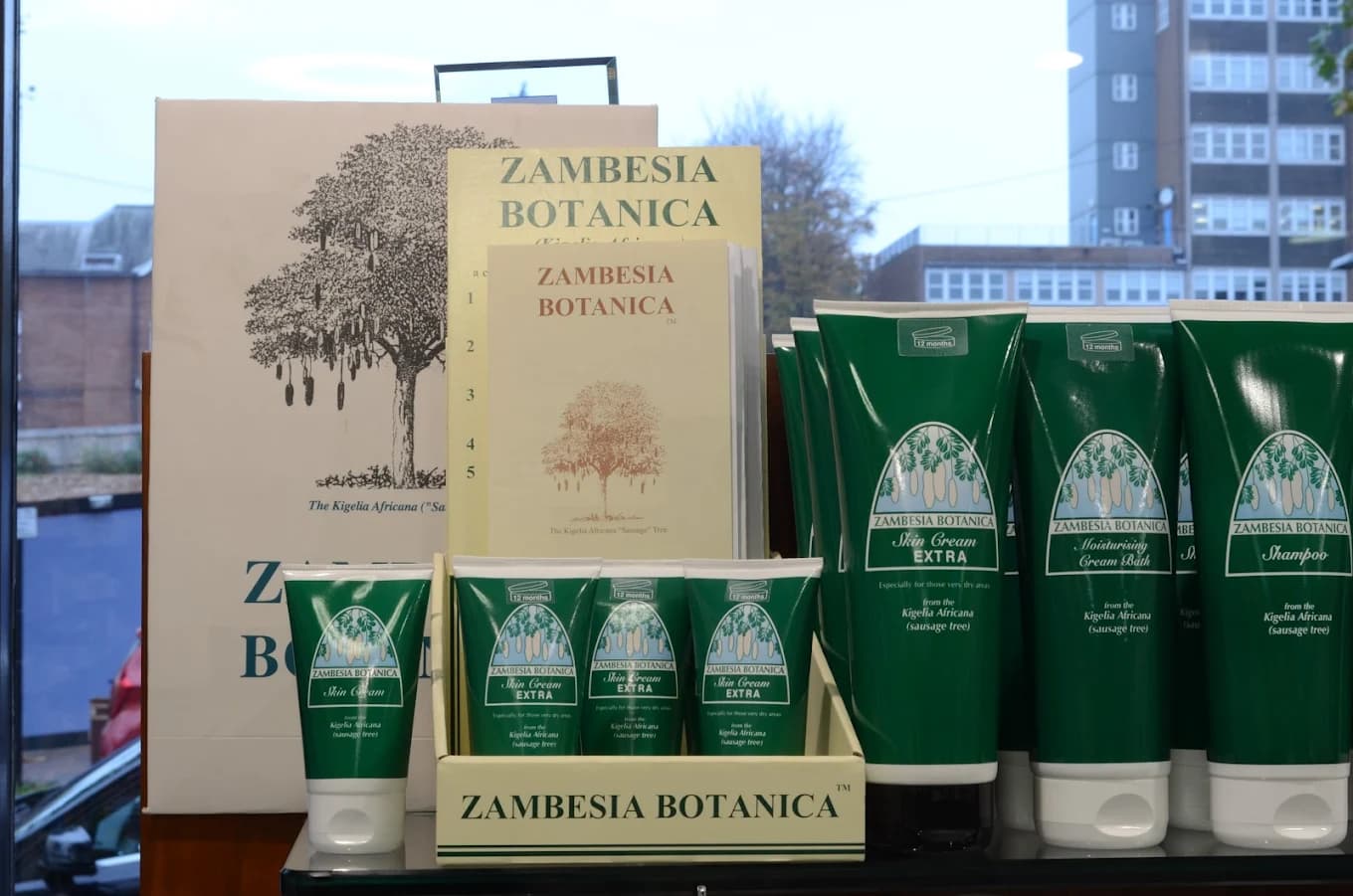 Zambesia Botanica skincare display in the A E Hobbs shop window