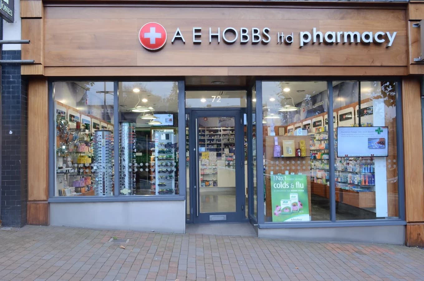 The A E Hobbs pharmacy shopfront at 72 Mount Pleasant Road, Tunbridge Wells
